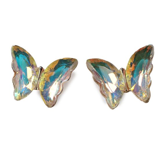 Iridescent AB Butterfly Stud Earrings | Gold Tone Aurora Borealis Crystal Y2K Je - Picture 5 of 8